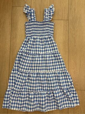 Girls Blue and White Gingham Ruffle Strap Dress